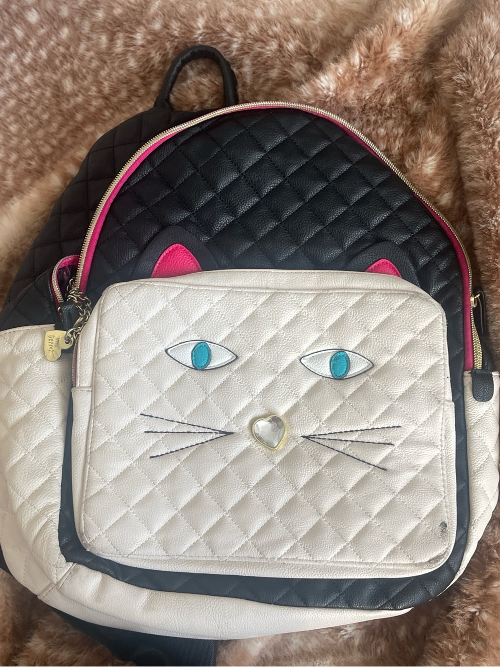 Cat Quilted Betsey Johnson— White & Black with Pink Accents